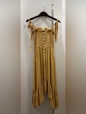 Kivari Mustard Polka Dot Smocked High-low Midi Dress M Can fit a S